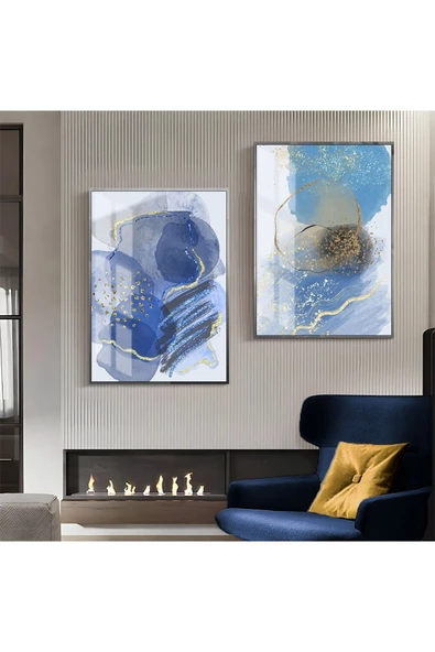Harikabirev HARİKABİREV|LACİVERT-GOLD DESENLİ SOYUT KOMBİNİ 002 |ÇERÇEVELİ CAM TABLO  2Lİ DİKEY ürün görseli