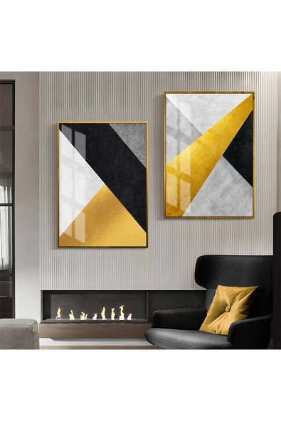 Harikabirev HARİKABİREV|SİYAH-GOLD-BEYAZ ŞEKİLLİ SOYUT KOMBİNİ 1 |ÇERÇEVELİ CAM TABLO  2Lİ DİKEY ürün görseli
