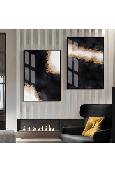 Harikabirev HARİKABİREV|BEYAZ-SİYAH-GOLD DESENLİ SOYUT KOMBİNİ 1 |ÇERÇEVELİ CAM TABLO 2Lİ DİKEY