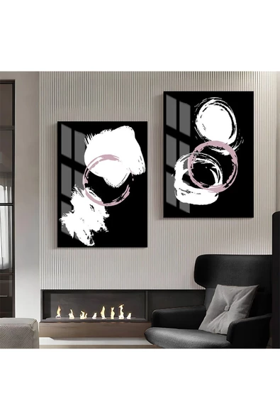 Harikabirev HARİKABİREV|BEYAZ-SİYAH-LİLA DESENLİ SOYUT KOMBİNİ 01|ÇERÇEVELİ CAM TABLO 2Lİ DİKEY