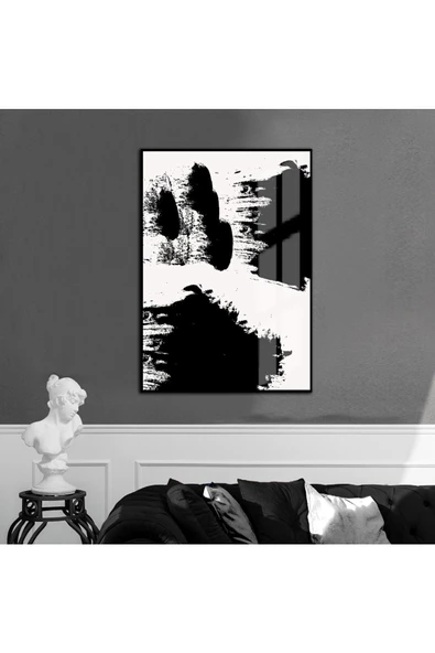 Harikabirev HARİKABİREV|SİYAH-BEYAZ SOYUT ABSTRACT MODEL 001 |ÇERÇEVELİ TEMPERLİ CAM TABLO TEKLİ DİKEY