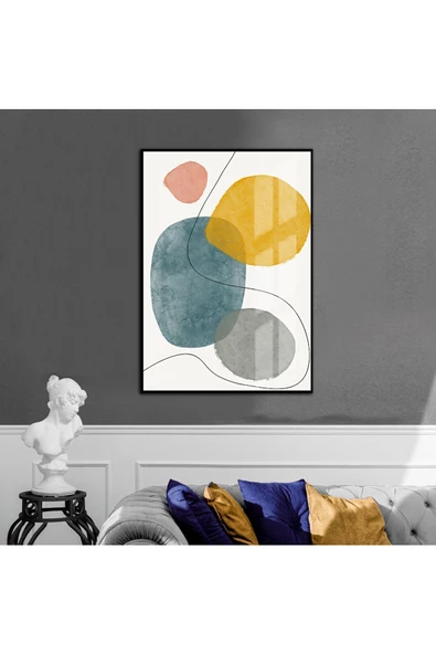 Harikabirev HARİKABİREV|SARI-MAVİ-BEYAZ SOYUT MODEL 2 |ÇERÇEVELİ TEMPERLİ CAM TABLO TEKLİ DİKEY ürün görseli