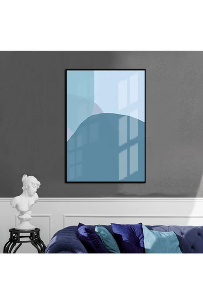 Harikabirev HARİKABİREV|MAVİ TONLAR SOYUT MODEL 02 |ÇERÇEVELİ TEMPERLİ CAM TABLO TEKLİ DİKEY
