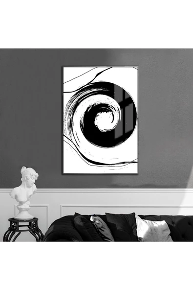 Harikabirev HARİKABİREV|SİYAH-BEYAZ SOYUT SPPİRAL MODEL 1 |ÇERÇEVELİ TEMPERLİ CAM TABLO TEKLİ DİKEY ürün görseli