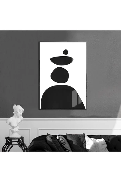 Harikabirev HARİKABİREV|BEYAZ-SİYAH SOYUT MODEL 11 |ÇERÇEVELİ TEMPERLİ CAM TABLO TEKLİ DİKEY