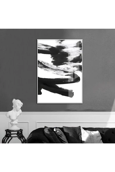 Harikabirev HARİKABİREV|BEYAZ-SİYAH SOYUT MODEL 13  |ÇERÇEVELİ TEMPERLİ CAM TABLO TEKLİ DİKEY ürün görseli