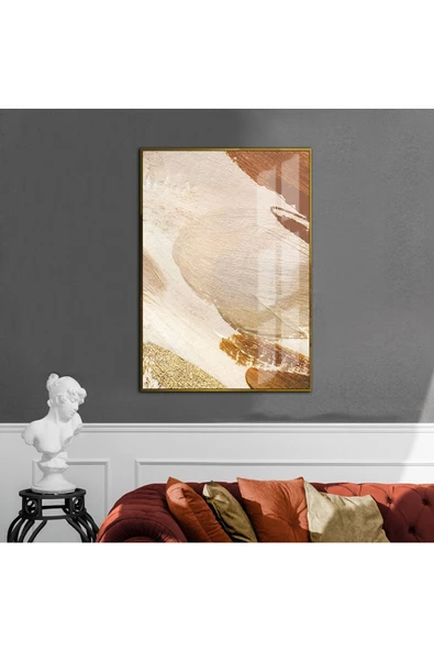 Harikabirev HARİKABİREV|KREM-KAHVE SOYUT MODEL 3 |ÇERÇEVELİ TEMPERLİ CAM TABLO TEKLİ DİKEY