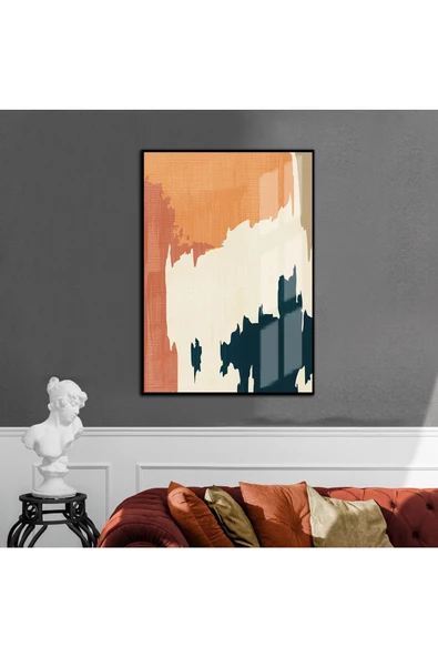 Harikabirev HARİKABİREV|KREM-KAHVE-MAVİ SOYUT MODEL |ÇERÇEVELİ TEMPERLİ CAM TABLO TEKLİ DİKEY