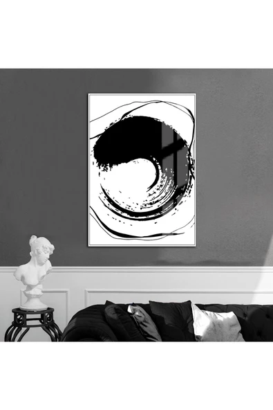 Harikabirev HARİKABİREV|SİYAH-BEYAZ SOYUT SPPİRAL MODEL 2 |ÇERÇEVELİ TEMPERLİ CAM TABLO TEKLİ DİKEY