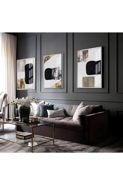 Harikabirev HARİKABİREV|GRİ-GOLD-SİYAH SOYUT ABSTRACT KOMBİNİ 08 |ÇERÇEVELİ CAM TABLO 3LÜ DİKEY ürün görseli