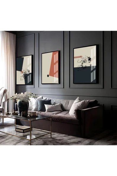 Harikabirev HARİKABİREV|BEJ-SİYAH-PEMBE SOYUT ABSTRACT KOMBİN 2 |ÇERÇEVELİ CAM TABLO 3LÜ DİKEY ürün görseli