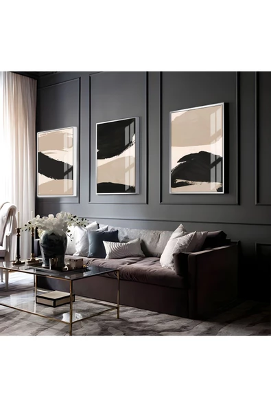 Harikabirev HARİKABİREV|BEJ-SİYAH-KREM SOYUT ABSTRACT KOMBİN 2 |ÇERÇEVELİ CAM TABLO 3LÜ DİKEY ürün görseli