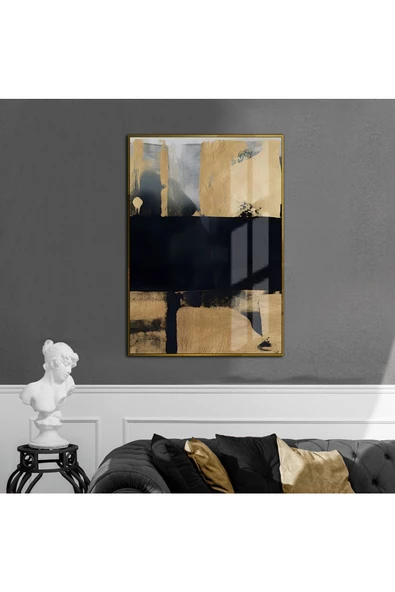 Harikabirev HARİKABİREV|GOLD-SİYAH-GRİ SOYUT MODEL 02 |ÇERÇEVELİ TEMPERLİ CAM TABLO TEKLİ DİKEY