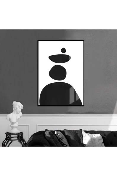 Harikabirev HARİKABİREV|BEYAZ-SİYAH SOYUT MODEL 11  |ÇERÇEVELİ TEMPERLİ CAM TABLO TEKLİ DİKEY ürün görseli