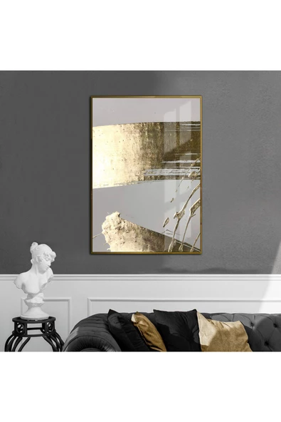 Harikabirev HARİKABİREV|GRİ-GOLD ABSTRACT DESENLİ MODEL 2|ÇERÇEVELİ TEMPERLİ CAM TABLO TEKLİ DİKEY