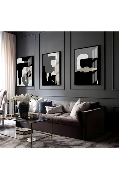 Harikabirev HARİKABİREV|GRİ-SİYAH SOYUT ABSTRACT KOMBİNİ 01 |ÇERÇEVELİ CAM TABLO 3LÜ DİKEY ürün görseli