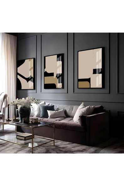 Harikabirev HARİKABİREV|BEJ-SİYAH-KREM SOYUT ABSTRACT KOMBİN 05 |ÇERÇEVELİ CAM TABLO 3LÜ DİKEY