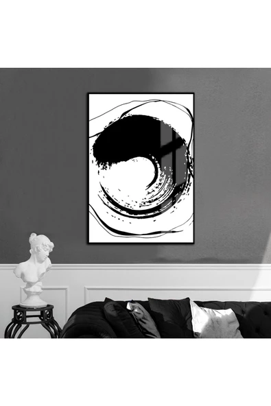 Harikabirev HARİKABİREV|SİYAH-BEYAZ SOYUT SPPİRAL MODEL 2 |ÇERÇEVELİ TEMPERLİ CAM TABLO TEKLİ DİKEY ürün görseli