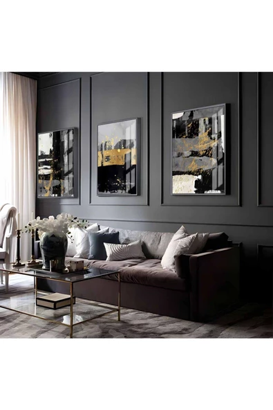 Harikabirev HARİKABİREV|GOLD-SİYAH-GRİ SOYUT ABSTRACT KOMBİN 09 |ÇERÇEVELİ CAM TABLO 3LÜ DİKEY