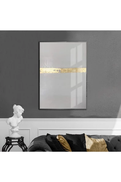 Harikabirev HARİKABİREV|GRİ-GOLD ABSTRACT DESENLİ MODEL 1|ÇERÇEVELİ TEMPERLİ CAM TABLO TEKLİ DİKEY ürün görseli