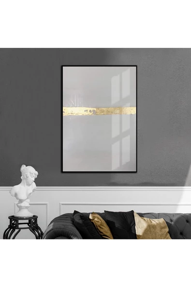 Harikabirev HARİKABİREV|GRİ-GOLD ABSTRACT DESENLİ MODEL 1|ÇERÇEVELİ TEMPERLİ CAM TABLO TEKLİ DİKEY