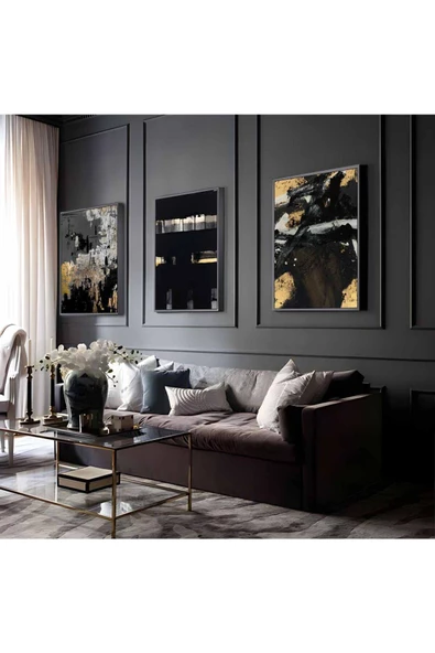 Harikabirev HARİKABİREV|GOLD-SİYAH SOYUT ABSTRACT KOMBİNİ MODELİ 3  |ÇERÇEVELİ CAM TABLO 3LÜ DİKEY ürün görseli