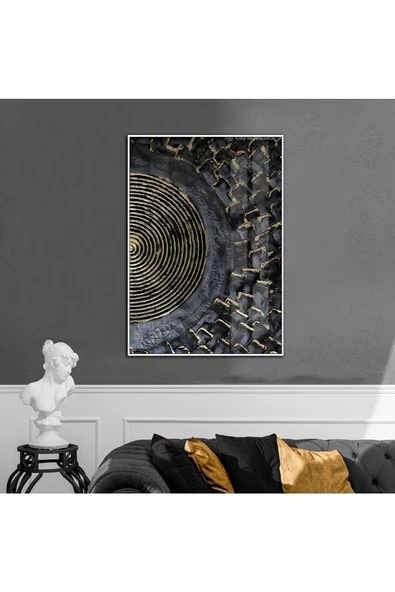 Harikabirev HARİKABİREV|SİYAH-GOLD-GRİ KABARTMASIZ ETNİK MODEL 2 |ÇERÇEVELİ TEMPERLİ CAM TABLO TEKLİ DİKEY