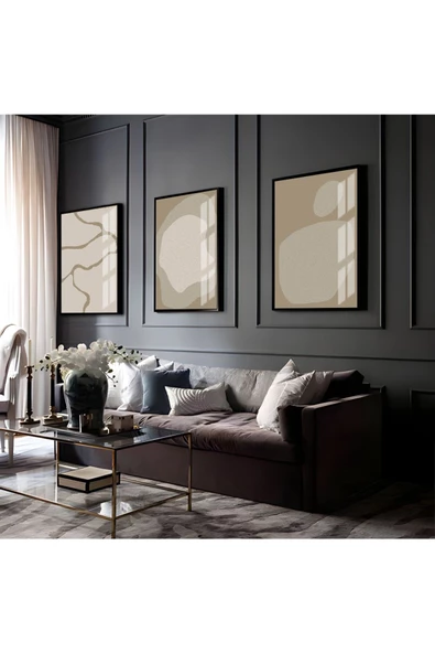 Harikabirev HARİKABİREV|KREM-BEJ SOYUT ABSTRACT KOMBİN 01 |ÇERÇEVELİ CAM TABLO 3LÜ DİKEY ürün görseli