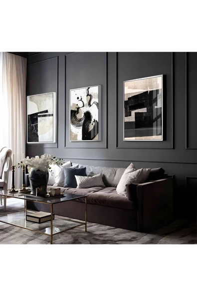 Harikabirev HARİKABİREV|GRİ-GOLD-KREM SOYUT ABSTRACT KOMBİN 6 |ÇERÇEVELİ CAM TABLO 3LÜ DİKEY