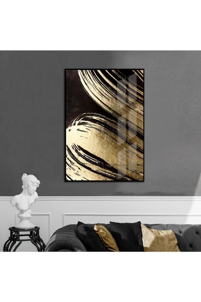 Harikabirev HARİKABİREV|SİYAH-GOLD SOYUT DESENLİ MODEL 1|ÇERÇEVELİ TEMPERLİ CAM TABLO TEKLİ DİKEY ürün görseli