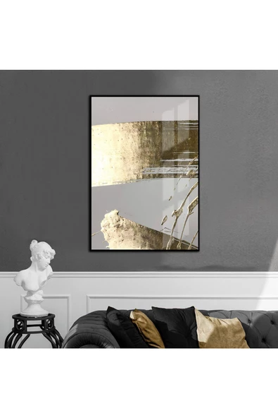 Harikabirev HARİKABİREV|GRİ-GOLD ABSTRACT DESENLİ MODEL 2|ÇERÇEVELİ TEMPERLİ CAM TABLO TEKLİ DİKEY - Resim 1
