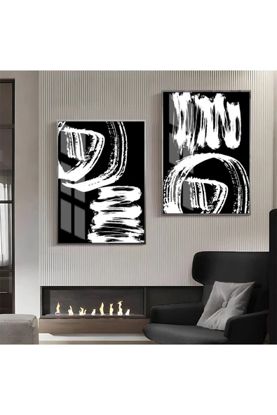 Harikabirev HARİKABİREV|SİYAH-BEYAZ SOYUT ŞEKİLLER KOMBİN 05 |ÇERÇEVELİ CAM TABLO  2Lİ DİKEY ürün görseli