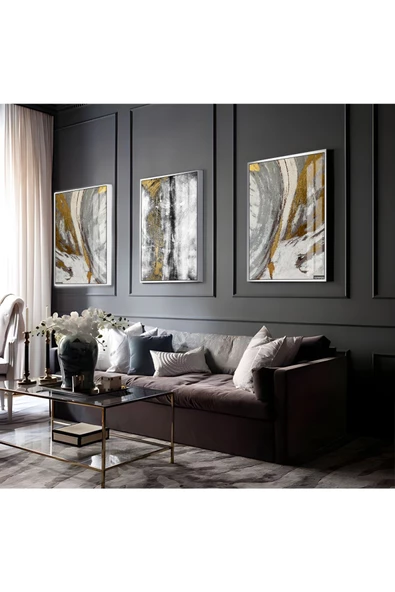 Harikabirev HARİKABİREV|GRİ-GOLD-SİYAH SOYUT ABSTRACT KOMBİNİ 02 |ÇERÇEVELİ CAM TABLO 3LÜ DİKEY