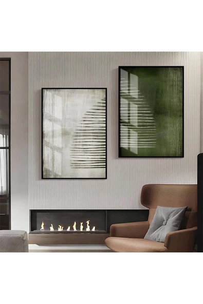 Harikabirev HARİKABİREV|YEŞİL-GRİ ABSTRACT KOMBİN 02 |ÇERÇEVELİ CAM TABLO  2Lİ DİKEY ürün görseli