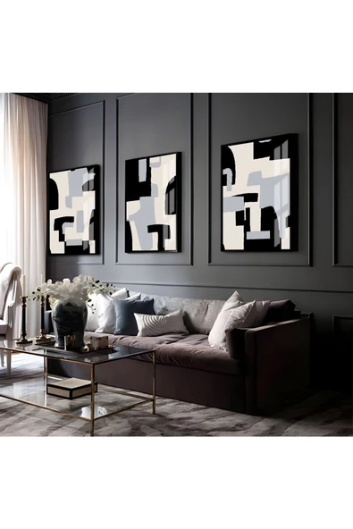 Harikabirev HARİKABİREV|GRİ-KREM-SİYAH SOYUT ABSTRACT KOMBİNİ 06 |ÇERÇEVELİ CAM TABLO 3LÜ DİKEY