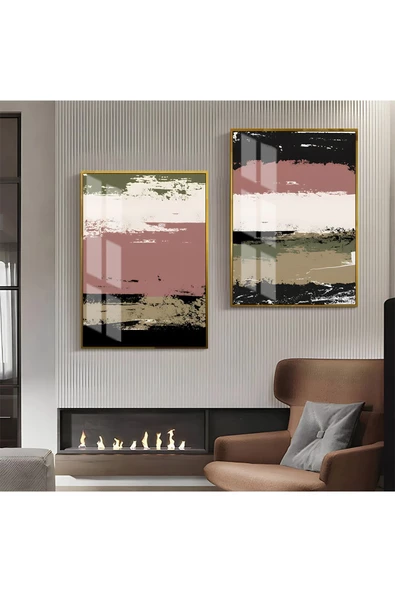 Harikabirev HARİKABİREV|PEMBE-YEŞİL-SİYAH ABSTRACT KOMBİN 1 |ÇERÇEVELİ CAM TABLO 2Lİ DİKEY