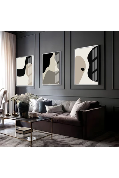Harikabirev HARİKABİREV|BEJ-SİYAH-KREM SOYUT ABSTRACT KOMBİN 1 |ÇERÇEVELİ CAM TABLO 3LÜ DİKEY