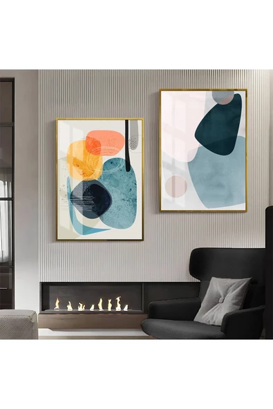 Harikabirev HARİKABİREV|SARI-MAVİ-TURUNCU SOYUT ABSTRACT KOMBİNİ |ÇERÇEVELİ CAM TABLO  2Lİ DİKEY ürün görseli