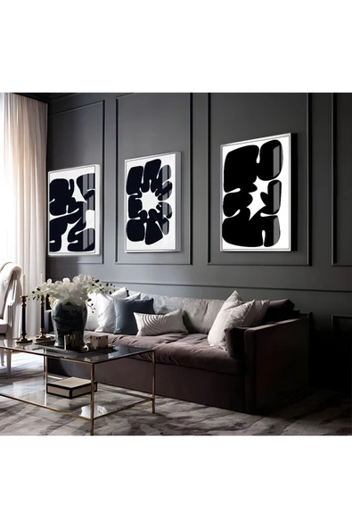 Harikabirev HARİKABİREV|SİYABEYAZ SOYUT ABSTRACT KOMBİN 01 |ÇERÇEVELİ CAM TABLO 3LÜ DİKEY ürün görseli