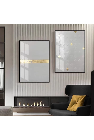 Harikabirev HARİKABİREV|GOLD-GRİ DESENLİ  SOYUT KOMBİNİ 01 |ÇERÇEVELİ CAM TABLO  2Lİ DİKEY