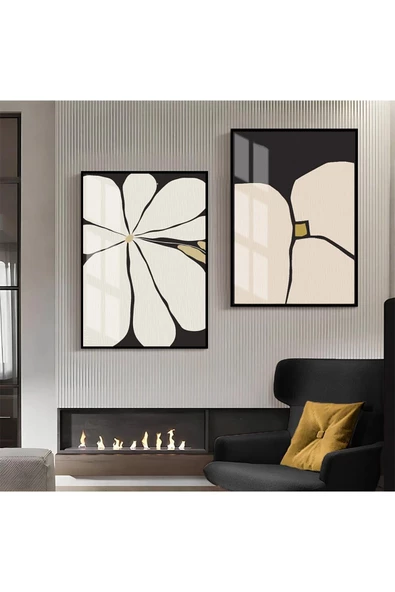 Harikabirev HARİKABİREV|KREM-GRİ-SARI SOYUT ÇİÇEK KOMBİN 1 |ÇERÇEVELİ CAM TABLO  2Lİ DİKEY ürün görseli