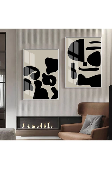 Harikabirev HARİKABİREV|SİYAH-BEJ SOYUT ABSTRACT KOMBİN 03 |ÇERÇEVELİ CAM TABLO 2Lİ DİKEY