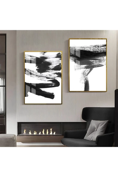 Harikabirev HARİKABİREV|SİYAH-BEYAZ ABSTRACT KOMBİN 2 |ÇERÇEVELİ CAM TABLO  2Lİ DİKEY ürün görseli