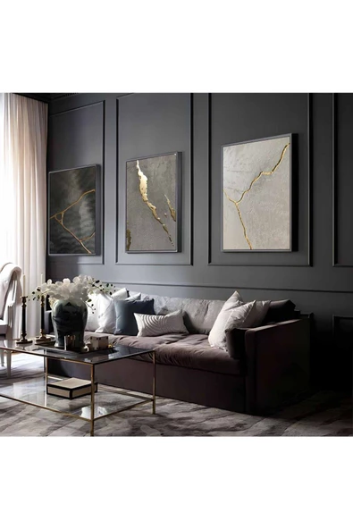 Harikabirev HARİKABİREV|GRİ-GOLD-SİYAH SOYUT ABSTRACT KOMBİNİ 11|ÇERÇEVELİ CAM TABLO 3LÜ DİKEY ürün görseli