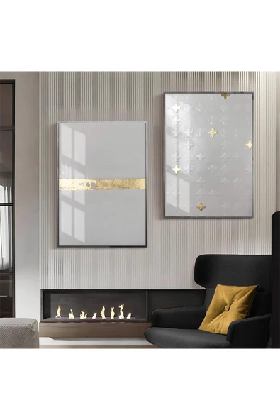 Harikabirev HARİKABİREV|GOLD-GRİ DESENLİ  SOYUT KOMBİNİ 01 |ÇERÇEVELİ CAM TABLO  2Lİ DİKEY