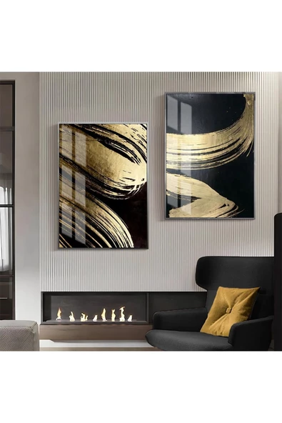 Harikabirev HARİKABİREV|SİYAH-GOLD SOYUT ABSTRACT KOMBİN 2 |ÇERÇEVELİ CAM TABLO  2Lİ DİKEY