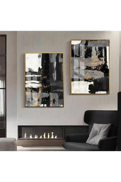 Harikabirev HARİKABİREV|GOLD-SİYAH-GRİ SOYUT ŞEKİL KOMBİN 05 |ÇERÇEVELİ CAM TABLO 2Lİ DİKEY