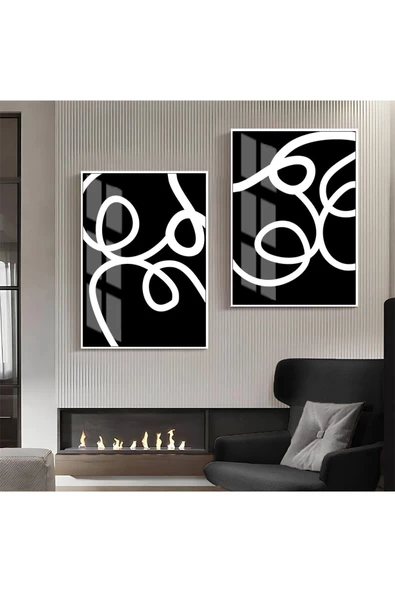 Harikabirev HARİKABİREV|SİYAH-BEYAZ SOYUT ŞEKİLLER KOMBİN 06 |ÇERÇEVELİ CAM TABLO  2Lİ DİKEY ürün görseli