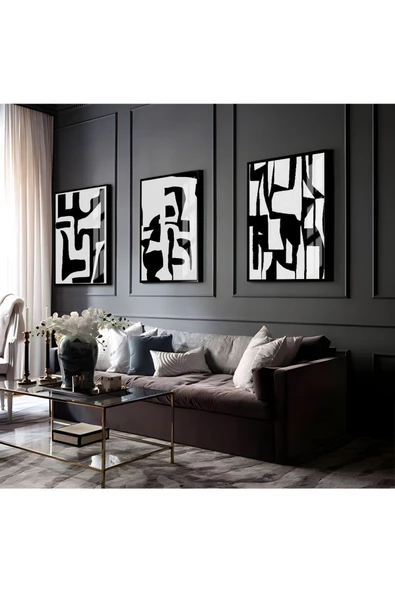 Harikabirev HARİKABİREV|BEJ-SİYAH SOYUT ABSTRACT KOMBİNİ 01|ÇERÇEVELİ CAM TABLO 3LÜ DİKEY