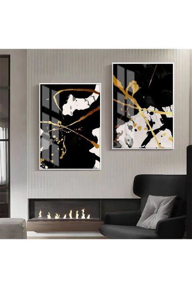 Harikabirev HARİKABİREV|GOLD-SİYAH-GRİ SOYUT ŞEKİL KOMBİN 06 |ÇERÇEVELİ CAM TABLO 2Lİ DİKEY